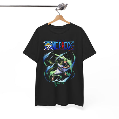 Stylish black t-shirt showcasing dynamic artwork of Zoro from One Piece, hung elegantly to display its unique design.