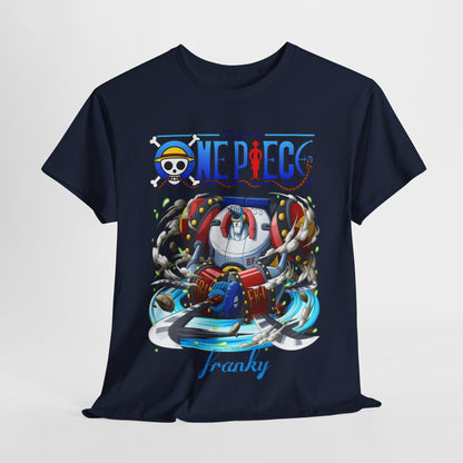Stylish navy blue graphic tee featuring Franky from One Piece, designed for fans who appreciate high-quality anime apparel and unique fashion statements.