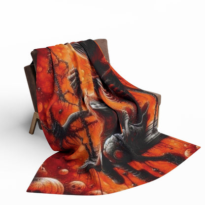 Chic Decorative and Warm Halloween Spooky Arctic Fleece Blanket cascading from a chair, exhibiting stunning Halloween motifs, perfect for luxury seasonal styling.