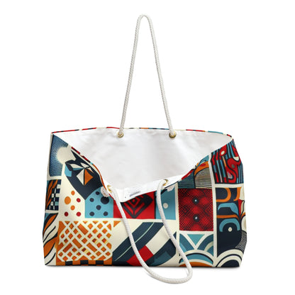 Elara Stirling Weekender Bag by Dazzling Dreams Studio featuring a vibrant red checkerboard design and robust rope handles, ideal for luxury travel.