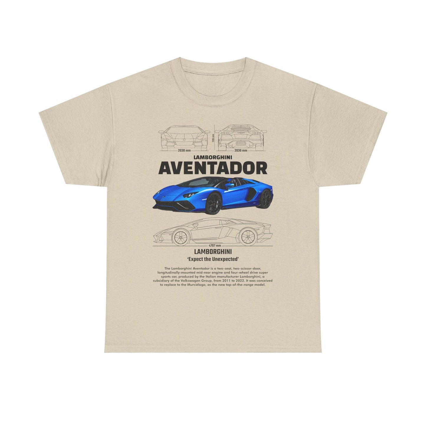 Elegant Lamborghini Aventador graphic tee featuring a vivid blue sports car print, showcasing detailed line drawings and measurements, a perfect choice for automotive enthusiasts.