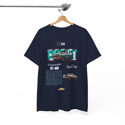 Premium men's t-shirt featuring a vintage Chevrolet C-10 graphic, elegantly displayed on a hanger in a luxurious setting.