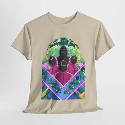 Elegant beige graphic t-shirt featuring a vibrant Squid Game inspired design with striking illustrations of iconic characters and symbols, perfect for making a bold fashion statement.