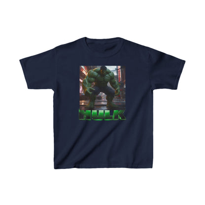 Kids Heavy Cotton Incredible Hulk T-Shirt in navy blue featuring a vibrant Hulk design, made from durable fabric for lasting comfort.