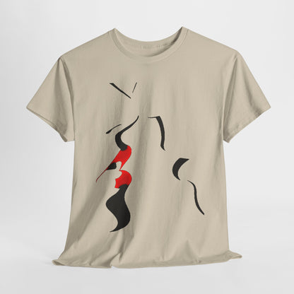 Luxurious unisex graphic T-shirt featuring an abstract design with fluid shapes in black and red on a soft beige background, ideal for urban street style.