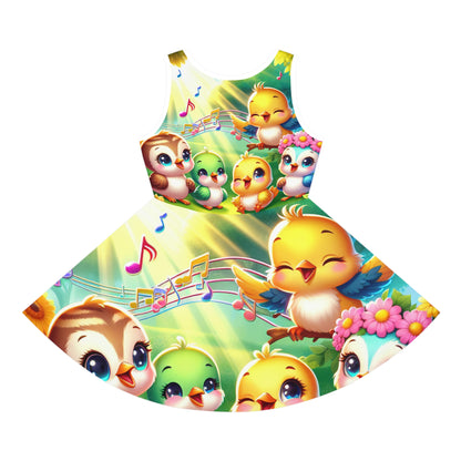 Close-up of the Arabella Dior Girls Vibrant Summer Sundress showcasing charming cartoon birds and vibrant music notes, perfect for summer elegance.