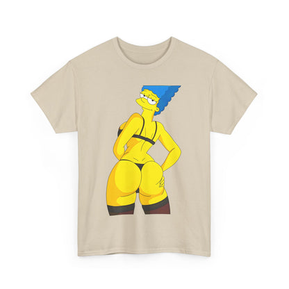 Front view of the Marge Simpson Curvaceous Charm Graphic Unisex T-Shirt in beige, displaying Marge's playful character in a stylish design, perfect for statement dressing.