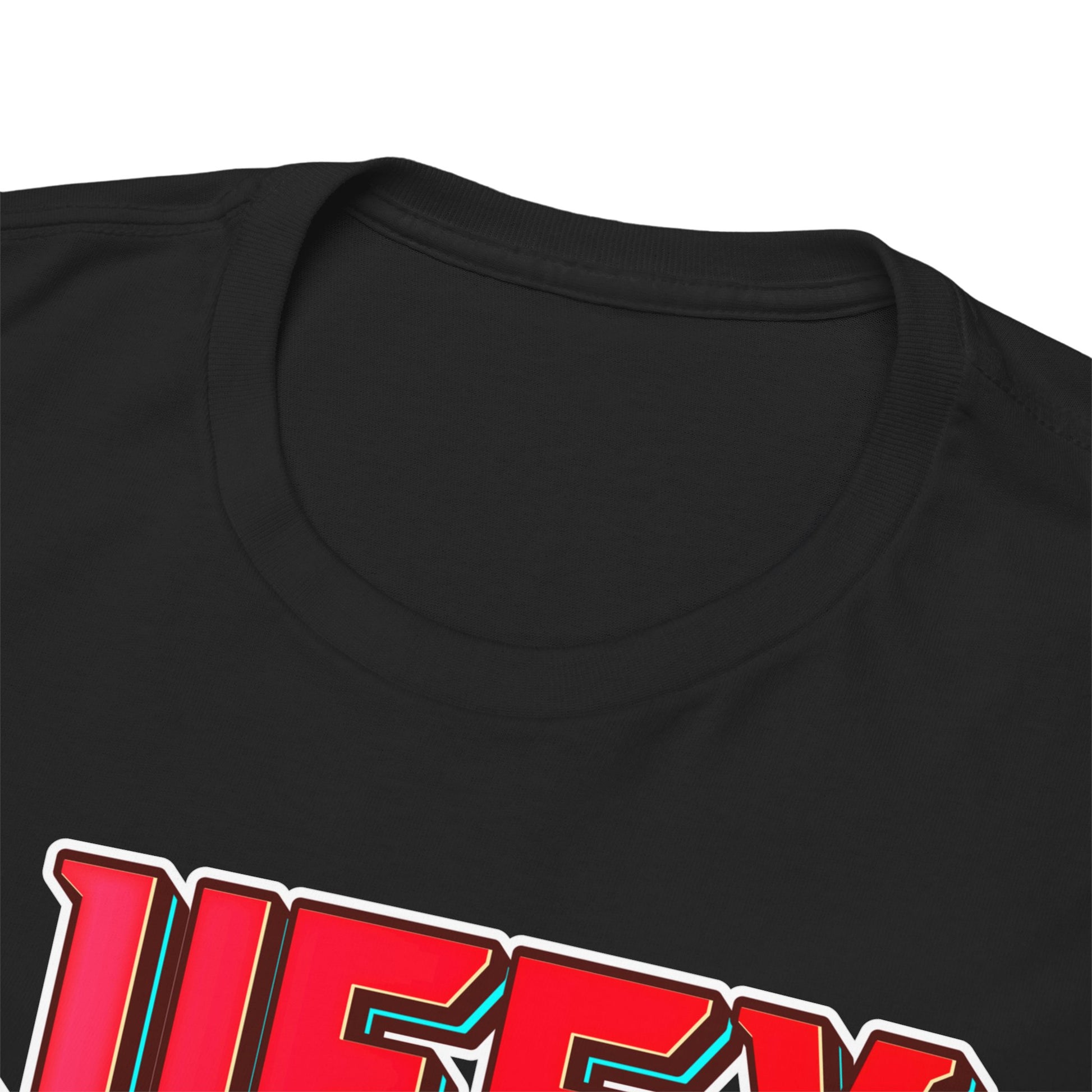 Close-up view of the neckline of a high-quality black t-shirt showcasing a bold Luffy graphic print, designed for fashion-forward individuals.