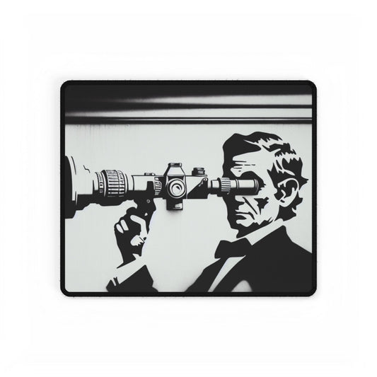 Elegant Mystic Graffito Desk Mat showcasing a detailed stencil artwork of a man with a camera, ideal for enhancing any office or home workspace.