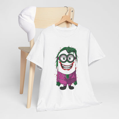 Chic white T-shirt elegantly displayed on a stylish hanger beside a cap, featuring an eye-catching Minion Joker illustration, perfect for those who appreciate unique fashion statements.