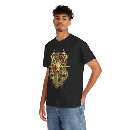 Model wearing a black t-shirt adorned with a captivating skull and antler design, presenting a fashionable and daring look that suits the adventurous spirit.