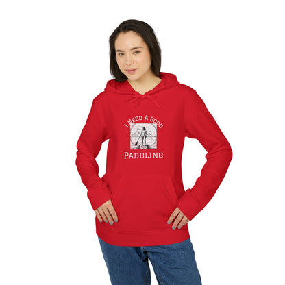 Adidas Women's Fleece I Need a Good Paddling Hoodie in vibrant red, featuring a stylish design perfect for paddleboarders, showcasing both comfort and eco-friendly materials.