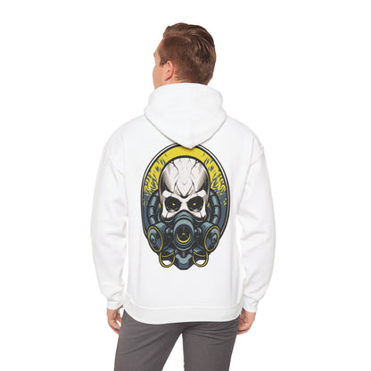 Stylish white hoodie featuring a striking back design of a skull with a gas mask, highlighted by vibrant accents for an edgy look.