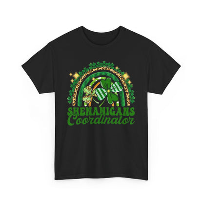 Elegant St Patricks Day Unisex Men's Women's Graphic Cotton Funny T Shirt Tee with sophisticated 'Shenanigans Coordinator' graphic and lush green and gold accents.
