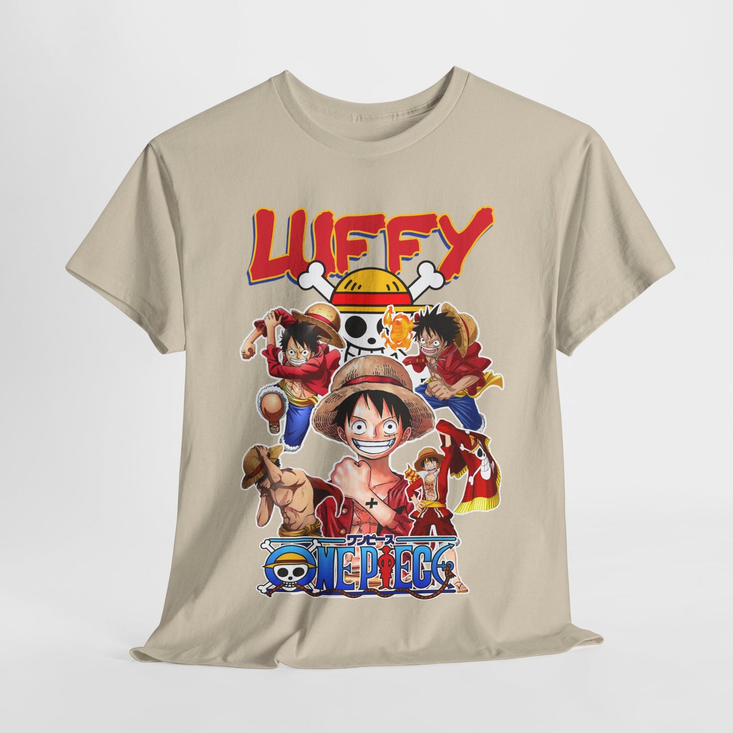 Stylish 'One Piece' graphic T-shirt, artistically arranged to reveal intricate designs of beloved characters, showcasing premium fabric and craftsmanship.