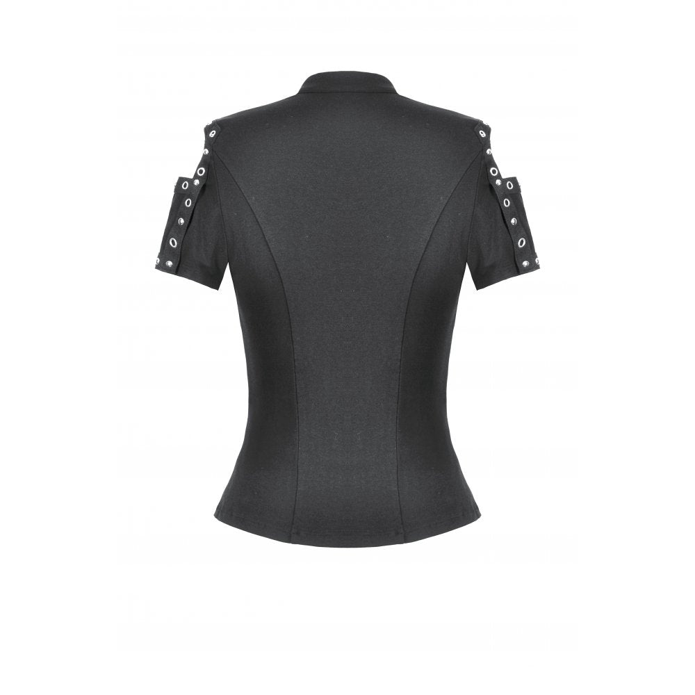 Model wearing the Dark In Love Seraphine Black Lace Top, highlighting the cold-shoulder cut-outs and inverted cross charm, epitomizing gothic romantic style.