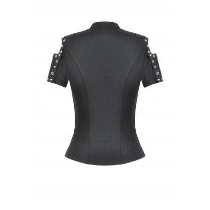 Model wearing the Dark In Love Seraphine Black Lace Top, highlighting the cold-shoulder cut-outs and inverted cross charm, epitomizing gothic romantic style.