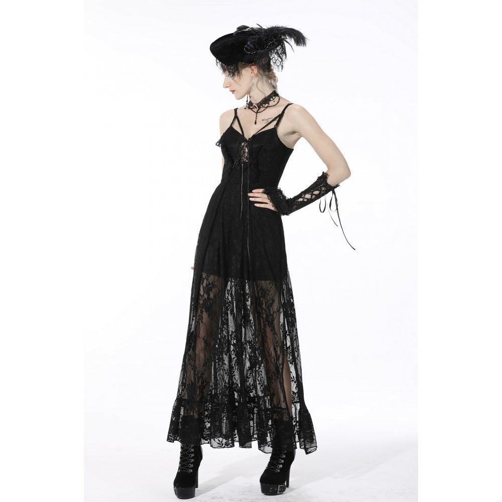 The alluring silhouette of the Dark In Love Black Lace Drusilla Maxi Dress featuring a shorter underlayer for a stunning effect.