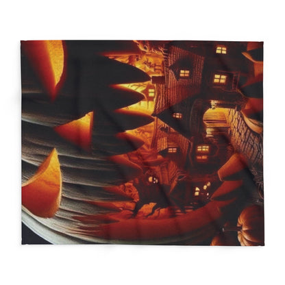 Decorative and Warm Halloween Spooky Arctic Fleece Blanket featuring a vibrant design with jack-o'-lanterns and haunted houses, ideal for adding Halloween charm to your decor.
