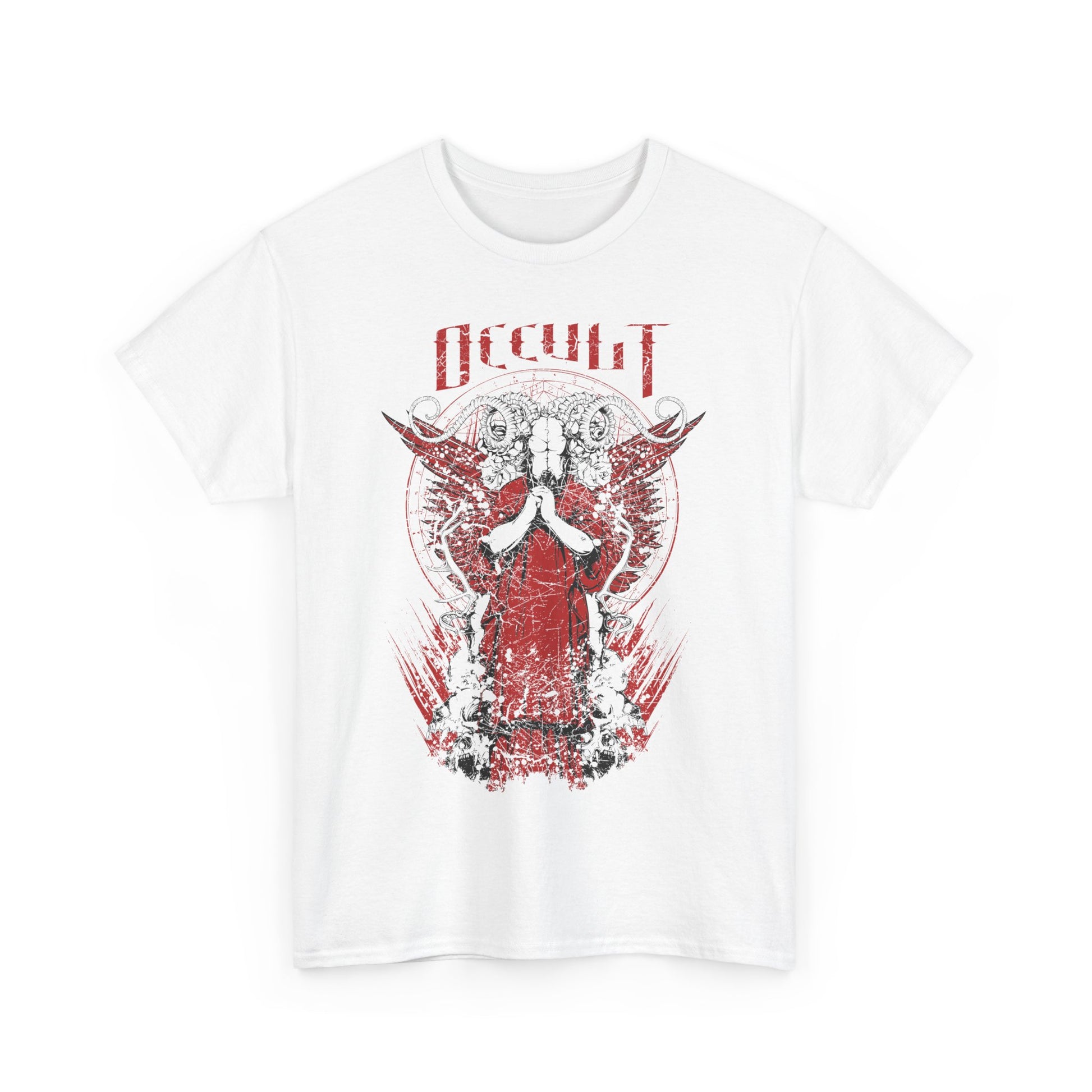 Luxury men's graphic tee featuring a striking occult design with a commanding figure in red and black colors, perfect for dark fantasy enthusiasts.