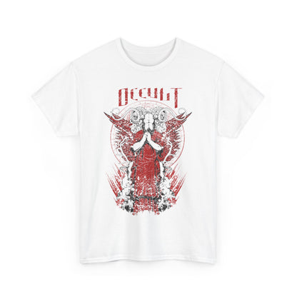 Front view of a white t-shirt featuring a captivating horned figure graphic in red and black, embodying mysterious allure and elegance.