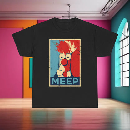 Luxury Muppets Beaker Meep Graphic T-Shirt displayed against a vibrant indoor backdrop, showcasing its playful design and unisex cotton fabric.