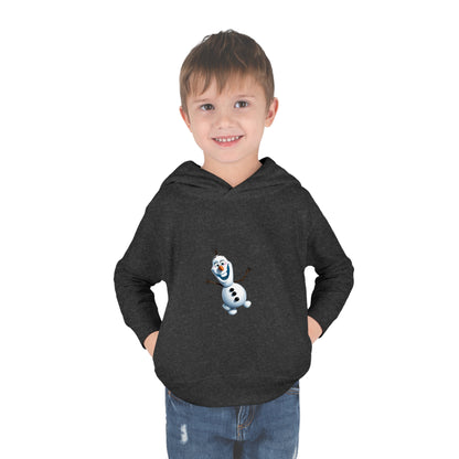 A child wearing the dark grey Girls Olaf Frozen Hoodie, designed for ages 2 to 5, displaying a cheerful Olaf character from Disney's Frozen.