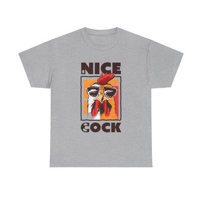 Unisex Nice Cock Graphic Tee in grey showcasing a playful cartoon chicken wearing sunglasses, made from high-quality soft cotton for ultimate comfort.