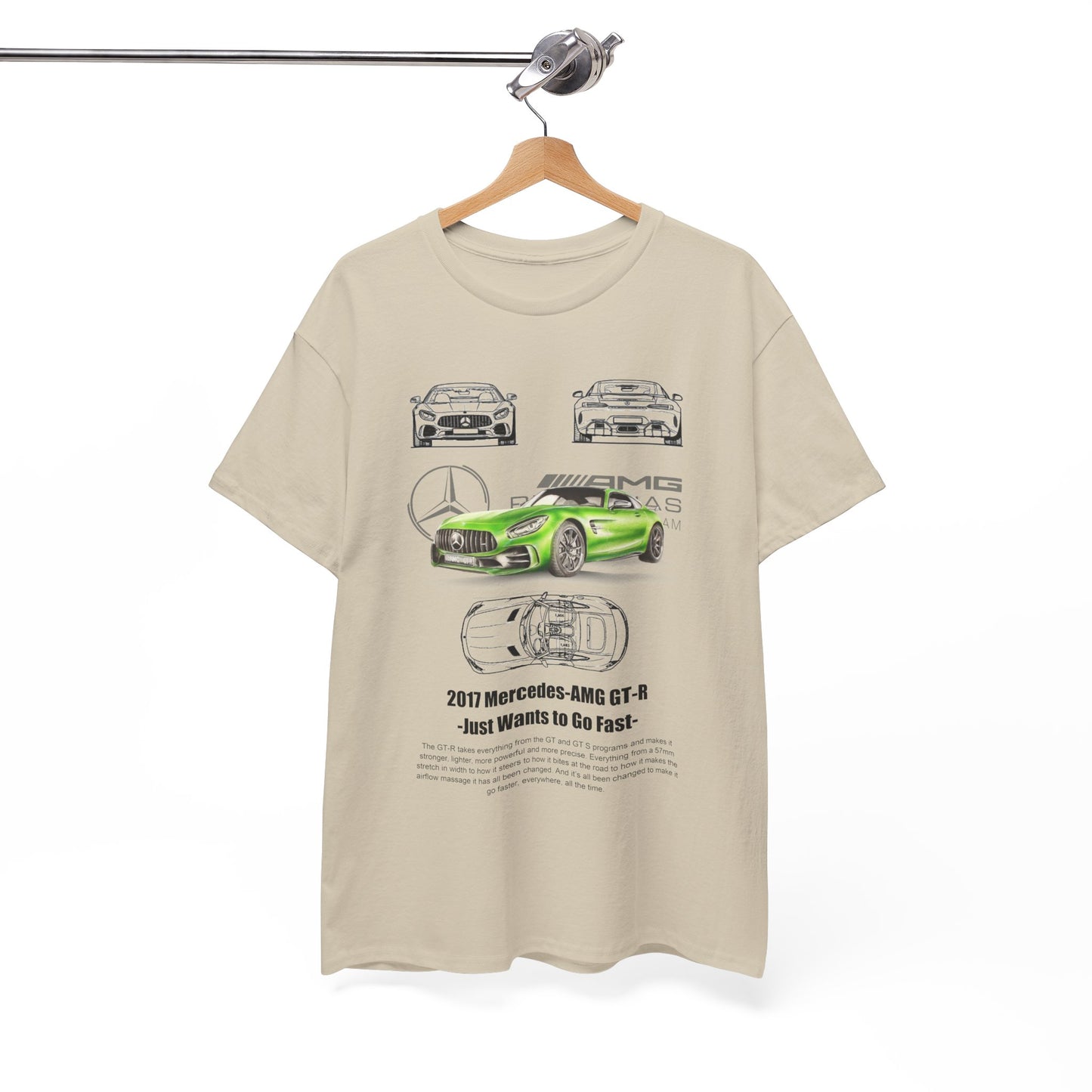 Chic hanging men's t-shirt featuring a prominent green Mercedes-AMG GT-R design, alongside classic line drawings, crafted for casual yet stylish wear.