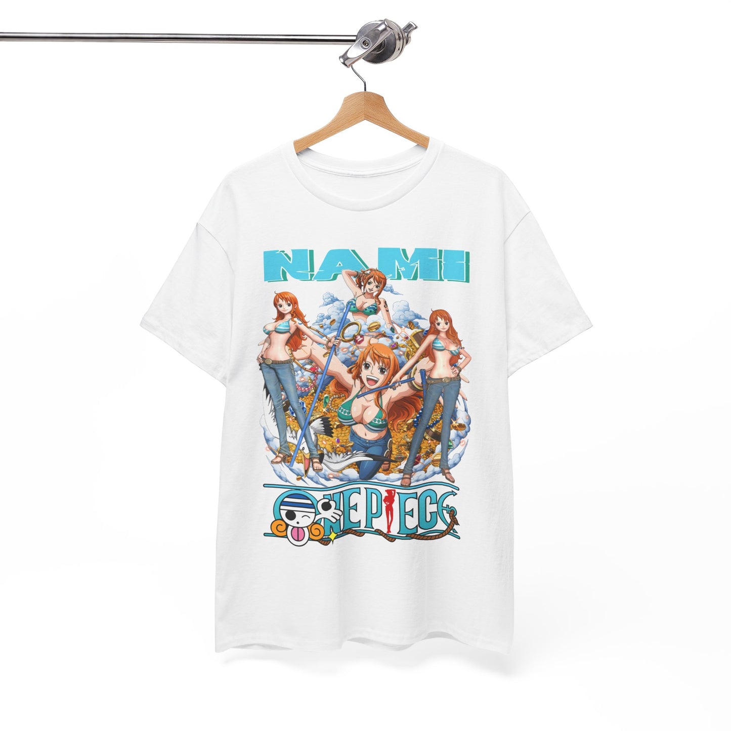 Refined presentation of the Nami Anime T-Shirt hanging elegantly, showcasing exquisite artistry and attention to detail from the 'One Piece' series.