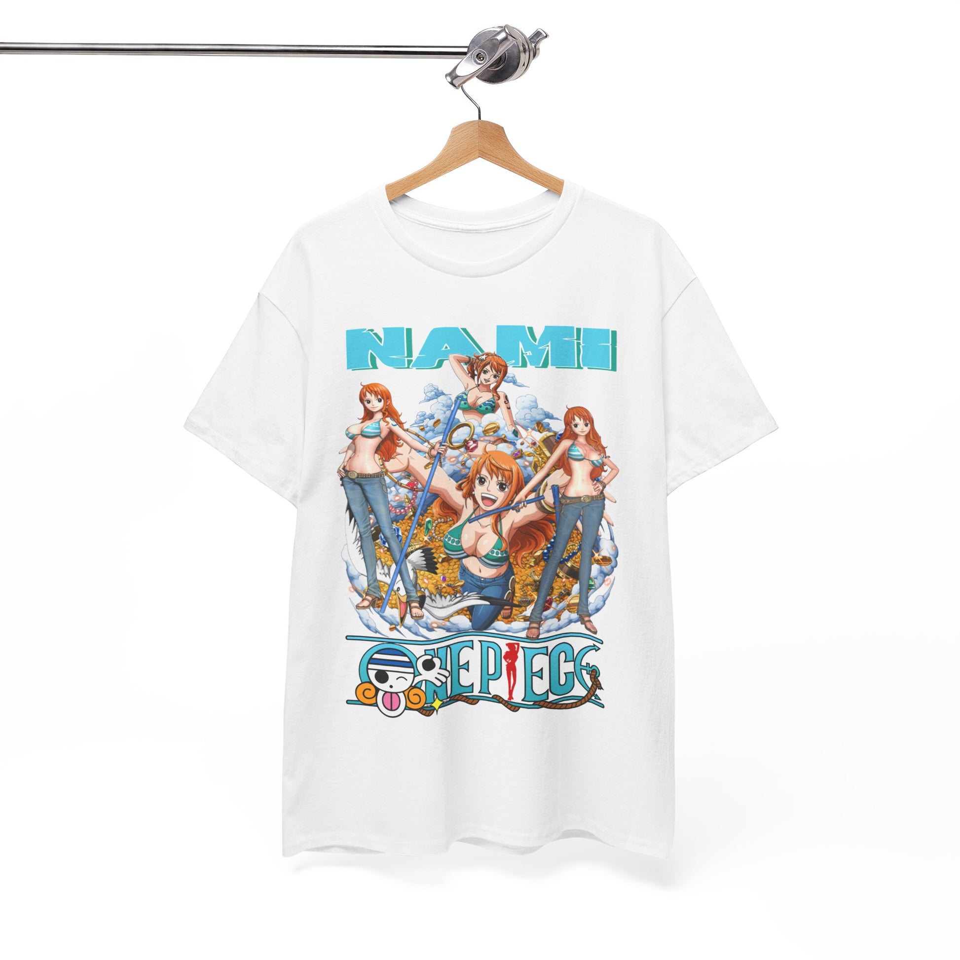 Refined presentation of the Nami Anime T-Shirt hanging elegantly, showcasing exquisite artistry and attention to detail from the 'One Piece' series.