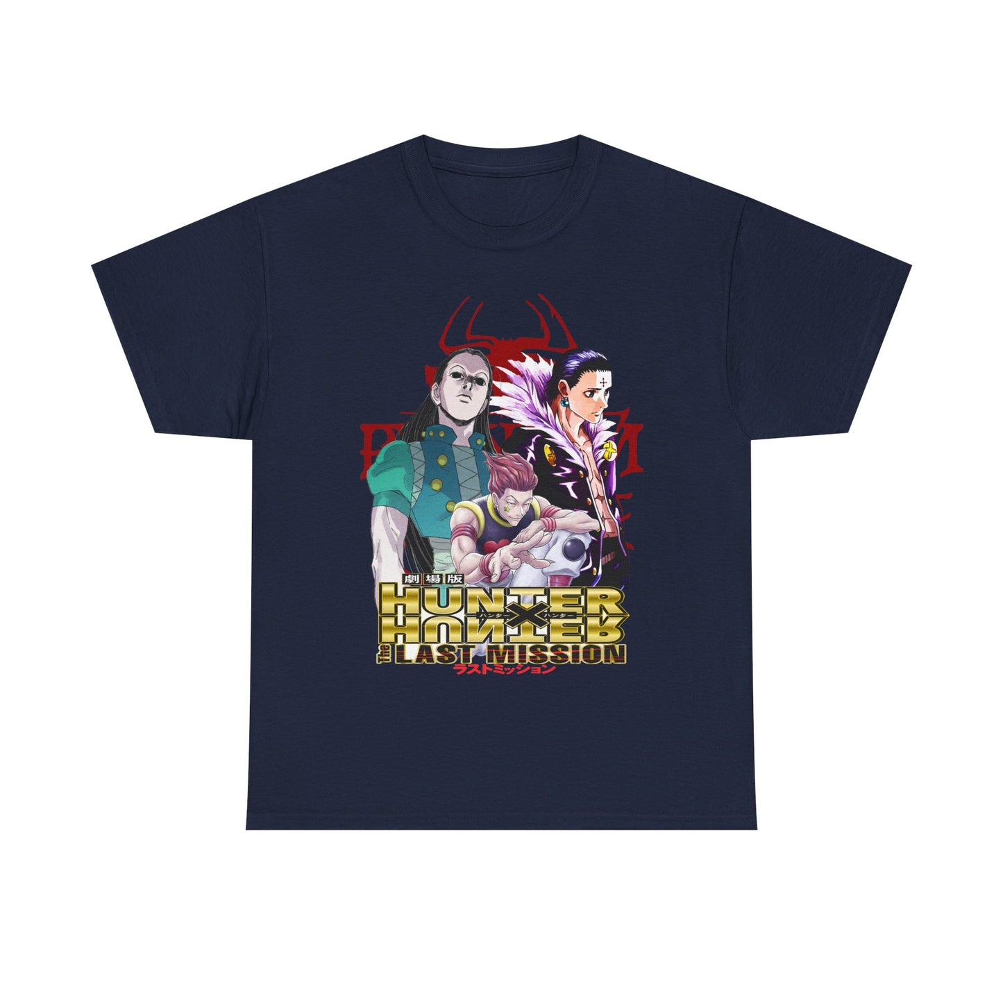 Luxurious navy Hunter x Hunter T-shirt showcasing intricate character designs from The Last Mission anime, perfect for discerning fans seeking elegance in their casual attire.
