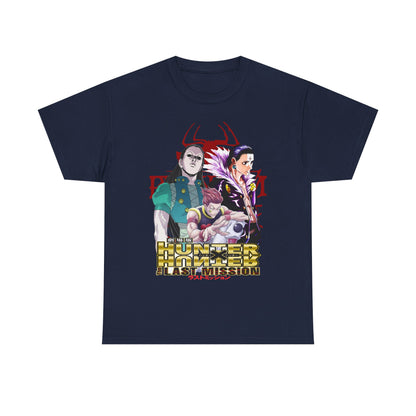 Luxurious navy Hunter x Hunter T-shirt showcasing intricate character designs from The Last Mission anime, perfect for discerning fans seeking elegance in their casual attire.