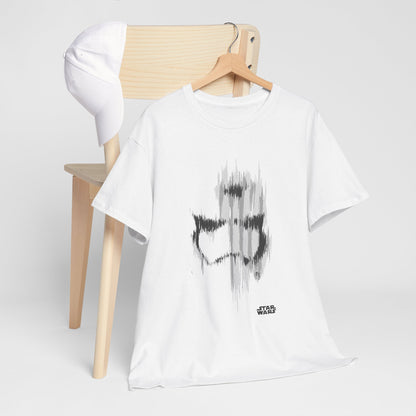 Refined setup of Star Wars Stormtrooper Glitch Effect T-Shirt alongside a stylish cap, portraying a perfect outfit for modern sci-fi aficionados.