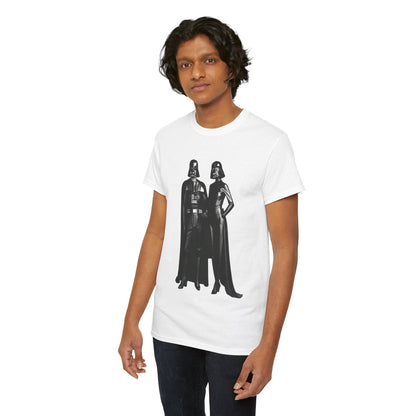Another male model showcasing the Mr + Mrs Vader Star Wars Unisex Mens Graphic Cotton Funny T-Shirt Tee Vintage, elegantly styled with a bold Sith couple graphic, perfect for stylish, casual wear.