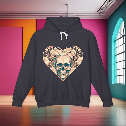 Unisex Lightweight Hooded Sweatshirt featuring a unique designer skull and roses motif, set against a vibrant pink and orange background, showcasing contemporary edgy fashion.