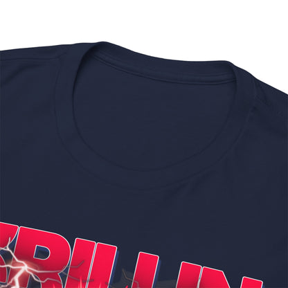 Close-up of the neckline of a premium navy Dragon Ball Z T-shirt, showcasing soft fabric and the bold 'KRILLIN' print.