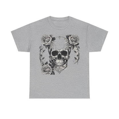Skulls and Roses Cotton Tee, Unisex Graphic Shirt in grey featuring a striking steampunk design with a skull surrounded by roses, perfect for alternative fashion.