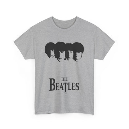Front view of the Vintage Beatles Logo Graphic Tee in grey, showcasing iconic Beatles imagery, perfect for music lovers who appreciate chic vintage style.