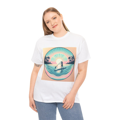 Stylish display of the Delightfull Paddle Board T-Shirt featuring intricate paddleboarding artwork, created by Dazzling Dreams Studio for outdoor adventure seekers.