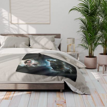 Decorative and Warm Halloween Spooky Arctic Fleece Blanket artfully placed on a stylish bed, complemented by a modern interior design, perfect for Halloween.