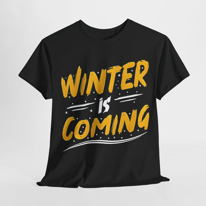 Sophisticated black 'Winter Is Coming' Graphic T-Shirt, unisex cotton tee, showcasing striking yellow text, perfect for fashion-forward winter wear.