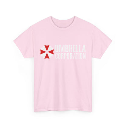 Front view of Umbrella Corporation Graphic Unisex Tee Shirt in pink with the striking red and white logo.