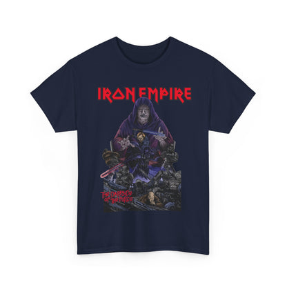 Iron Empire Graphic Tee featuring Darth Sidious and Vader design, showcasing premium cotton fabric in navy blue. A luxurious fusion of style and sci-fi culture.