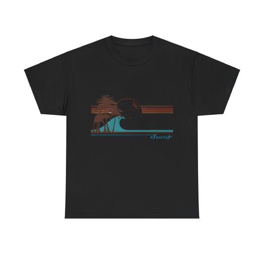 Tie Fighters Holiday on Serif Star Wars Rebel One Graphic Unisex Tee Shirt in black, showcasing an elegant artwork with palm trees, a wave, and cosmic elements.