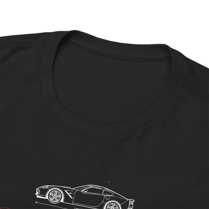 Close-up of the collar and sleeve of a luxurious black t-shirt featuring the Chevrolet Corvette C6 graphic design, crafted for comfort and style.