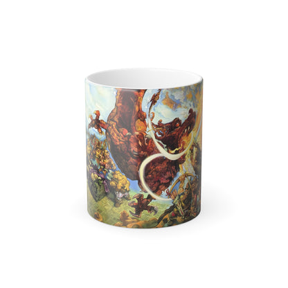 Discworld Guards Guards Heat Change Mug featuring intricate, magical color morphing artwork depicting characters and scenes inspired by Terry Pratchett's whimsical universe.