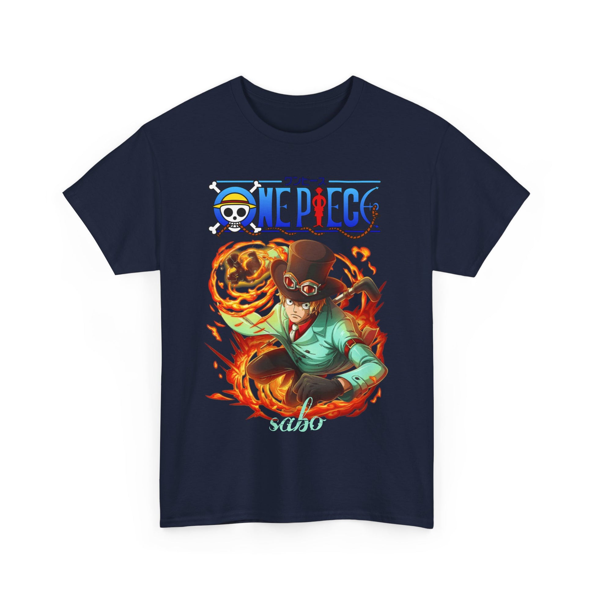 Stylish navy t-shirt showcasing the fiery character Sabo from One Piece in an elegant action stance, designed to captivate fans and elevate casual attire.