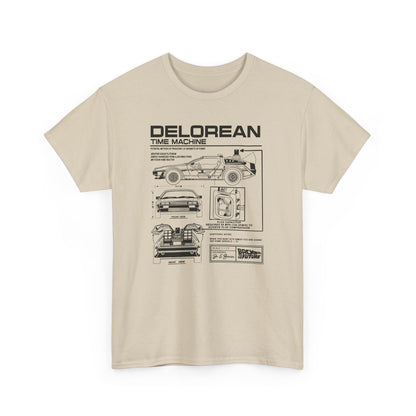 Luxurious beige t-shirt featuring DeLorean time machine blueprint design, showcasing intricate technical details and stylish aesthetics, perfect for Back to the Future enthusiasts.