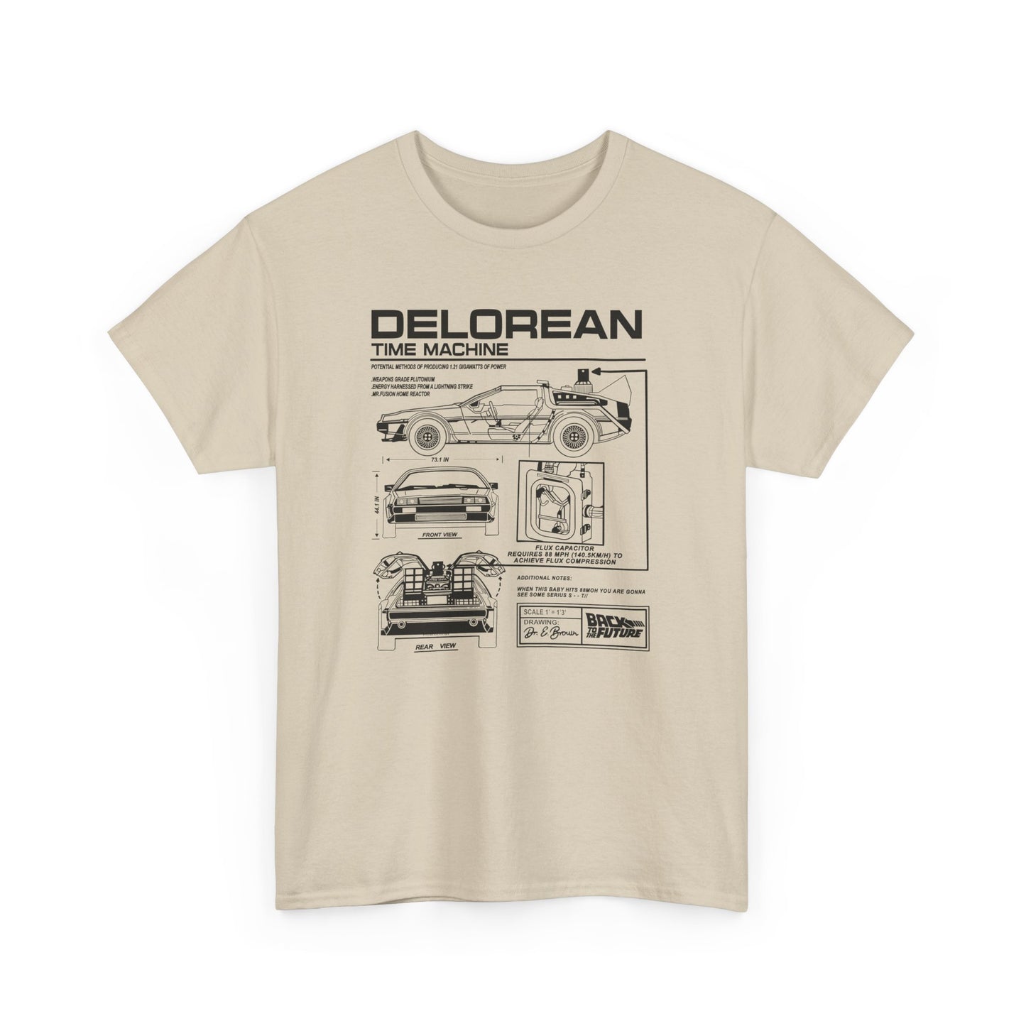Front view of a premium beige t-shirt showcasing a detailed technical drawing of the DeLorean time machine from Back to the Future, featuring annotations and dimensions that highlight its iconic design.